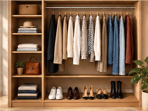 An open wardrobe of shirts, dresses and shoes on a wooden rail