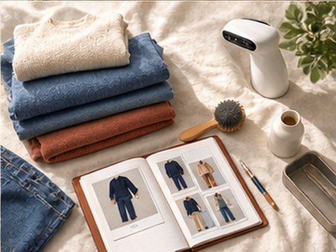 Folded knitwear and denim beside an open notebook of outfit sketches