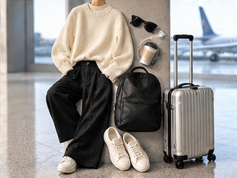 A traveller in a cream knit and black trousers beside a silver carry-on at an airport