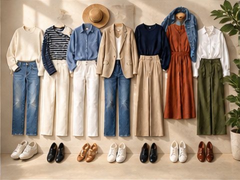 Seven days of outfits laid out in a row